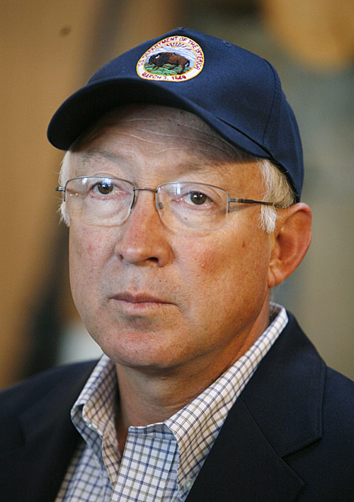 Interior Secretary Ken Salazar listens to a reporter's question about the proposed North Woods National Park during a visit to the L.L. Bean in Freeport today.