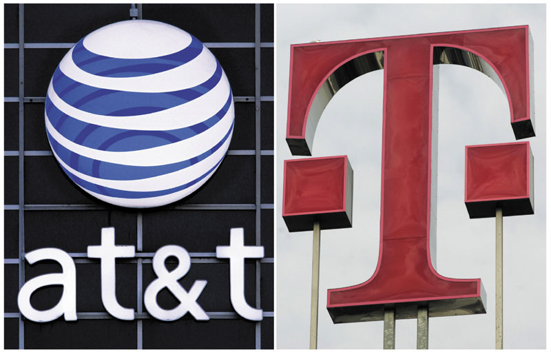 MERGER QUESTIONED: This file combination photo displays logos for AT&T, left, and Deutsche Telekom AG. The Justice Department filed suit Wednesday to block AT&T's $39 billion deal to buy T-Mobile USA on grounds that it would raise prices for consumers.
