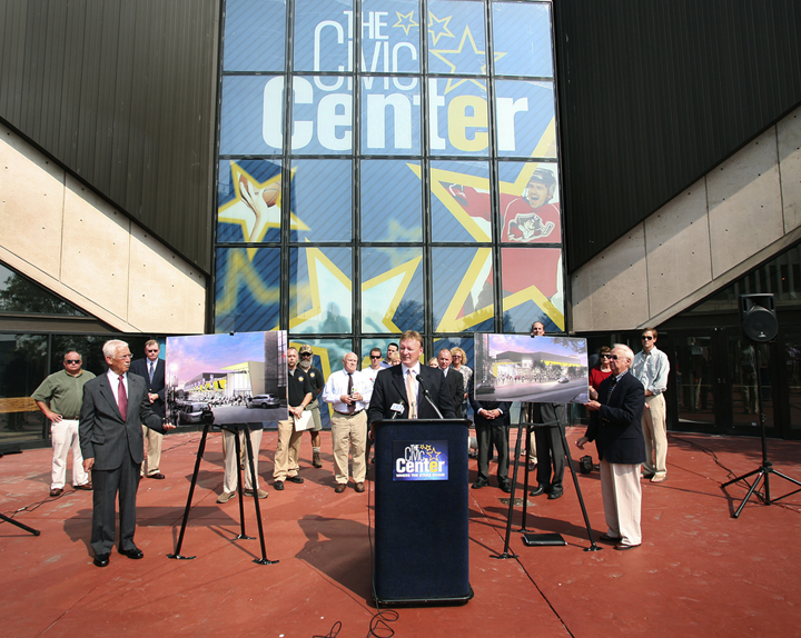 Neal Pratt, chair of the Cumberland County Civic Center Board of Trustees, addresses the media during the unveiling today of the proposed renovations for the Civic Center.