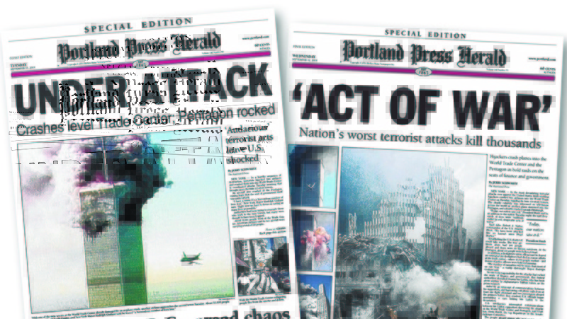 The Portland Press Herald produced an afternoon edition on Sept. 11, 2001, left, even as reporters and editors continued to work on the next day’s edition, right.