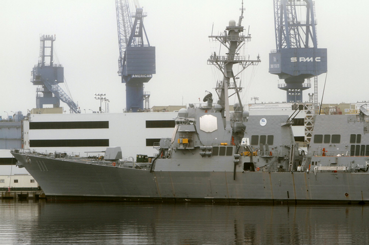 The USS Spruance destroyer under construction at Bath Iron Works on May 20, 2011.