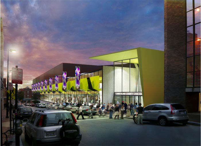 Artist's rendering of the Free Street side of a renovated Cumberland County Civic Center.