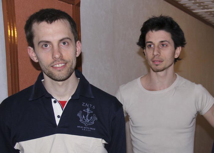 A May 21, 2010, photo of Shane Bauer, left, and Josh Fattal in Tehran, Iran.