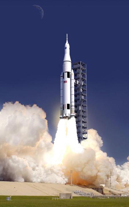 This artist concept provided by NASA shows the launch of the rocket design, called the Space Launch System. The design for NASA's newest behemoth of a rocket harkens back to the giant workhorse liquid rockets that propelled men to the moon. But this time the destinations will be much farther and the rocket even more powerful.
