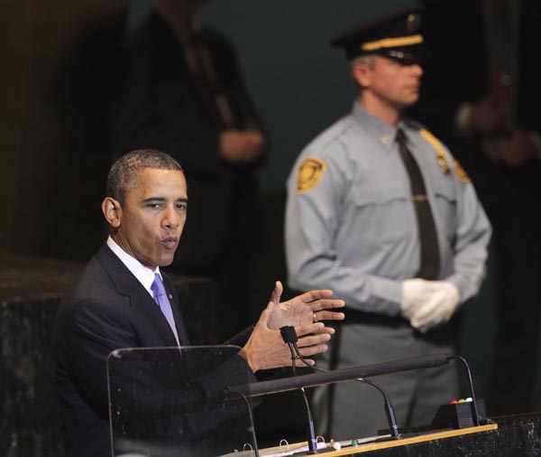 President Barack Obama speaks during the 66th session of the General Assembly at United Nations headquarters today.