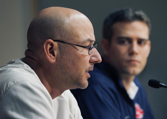 Boston Red Sox manager Terry Francona, left, speaks as general manager Theo Epstein listens during a news conference at Fenway Park on Thursday.