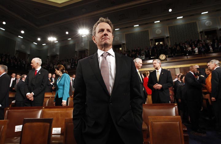Treasury Secretary Timothy Geithner waits for President Barack Obama to arrive to address a joint session of Congress on Sept. 8, 2011.