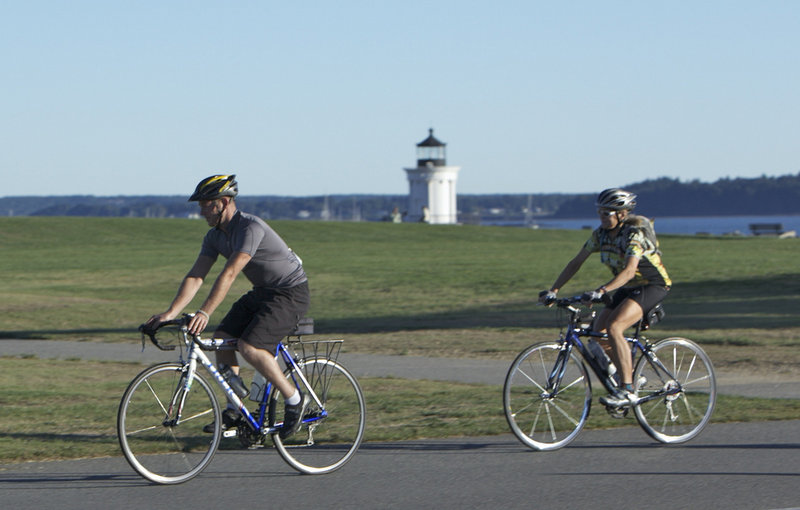 Bicyclists in last year’s Maine Lighthouse Ride pass Bug Light in South Portland. This year’s ride rolls out on Saturday from Southern Maine Community College in South Portland. Ride options include a 25-mile ride, a 40-mile loop, a 62-mile metric century, and a 100-mile century. Maps, cue sheets, multiple rest stops, food, refreshments and hot showers are provided. Registration is $60. All proceeds will benefit the Eastern Trail Alliance. Register by visiting www.EasternTrail.org or by calling 284-9260.