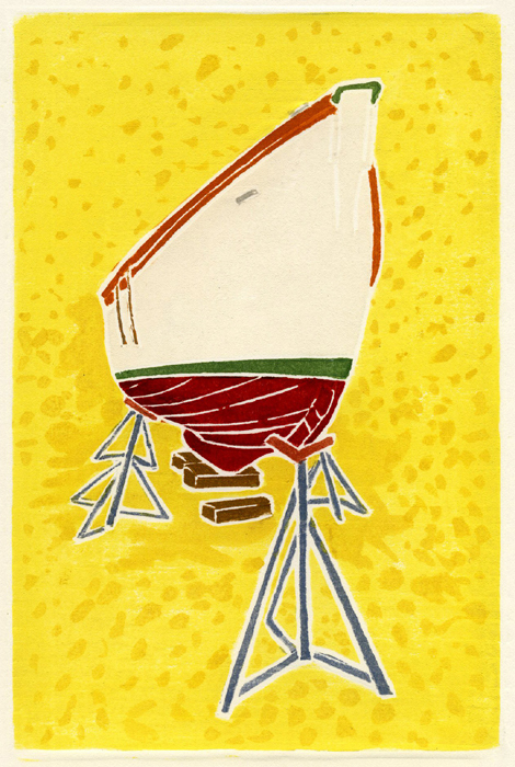 “Red and White Boat,” a wood block print by Willy Reddick.