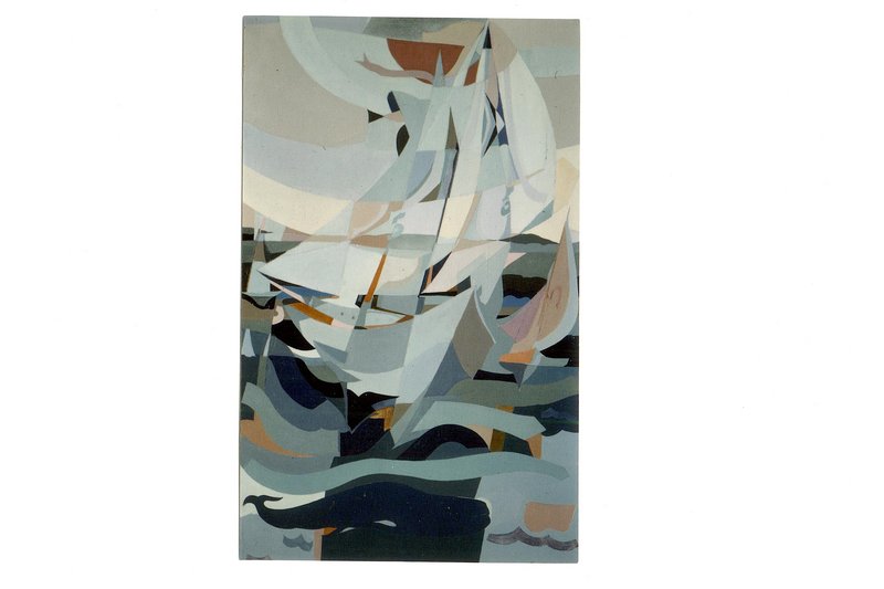 John Lorence’s oil-on-canvas “The Whaler,” an almost abstract impression of a ship under sail in rough seas.