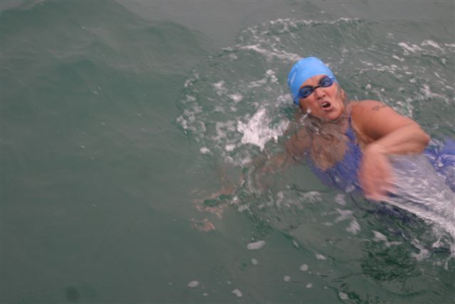 Pat Gallant-Charette takes a breath as she swims the English Channel on Aug. 22. The Westbrook grandmother’s next challenge: In California, from Catalina Island to Long Beach.