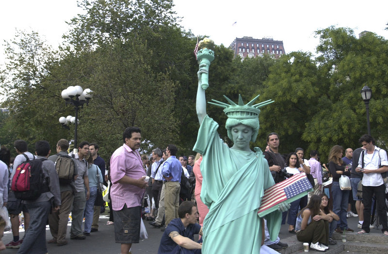 In the days after the terrorist attacks of Sept. 11, 2001, The Portland Press Herald sent columnist Bill Nemitz and photographer Gregory Rec to New York to report from the scene. This is one of the photos from that report: A performance artist portrays the Statue of Liberty in Union Square in Manhattan.