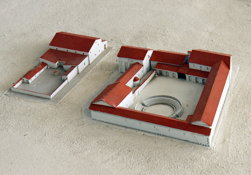 A model re-creates a Roman gladiator school – described as a “mixture of a barracks and a prison” – found buried in Carnuntum, Austria.