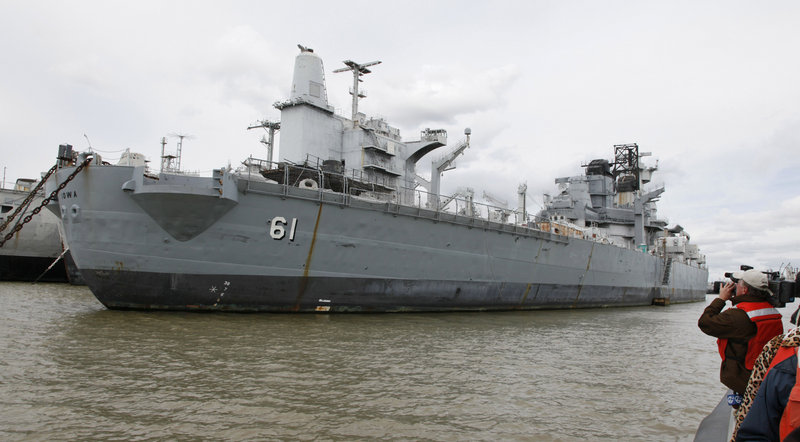 USS Iowa is anchored with the “ghost fleet” at the Suisun Bay Reserve Fleet in Benicia, Calif. It will be rehabilitated before being towed to Los Angeles, probably in October.