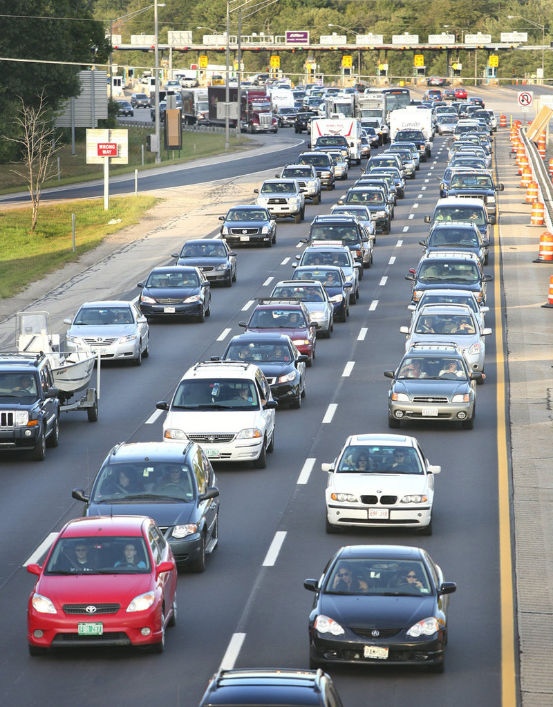 Motorists inch along southbound on the Maine Turnpike after going through the York tollbooth on Labor Day in 2010.
