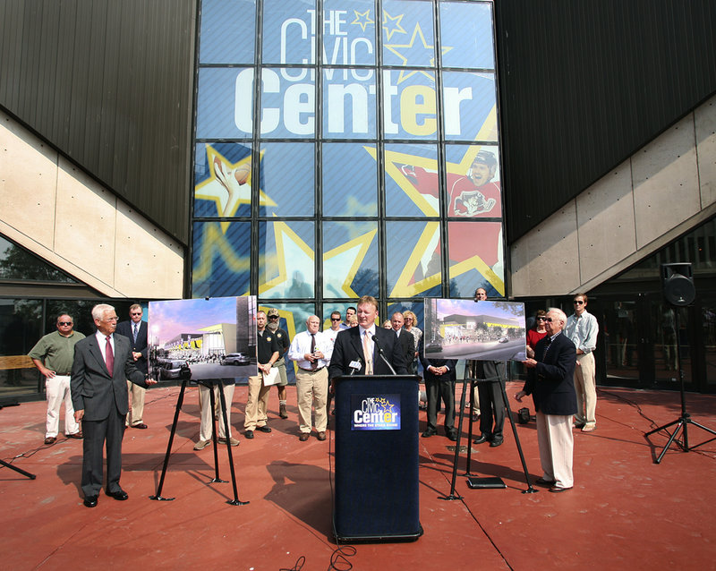 Neal Pratt, chairman of the Cumberland County Civic Center board of trustees, speaks Wednesday at the unveiling of the $33 million building renovation plan in Portland.