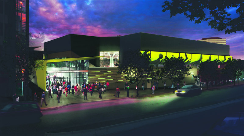An artist's rendering shows what the renovated civic center would look like from Spring Street. In part, the design calls for squaring off the indented corners of the present building.