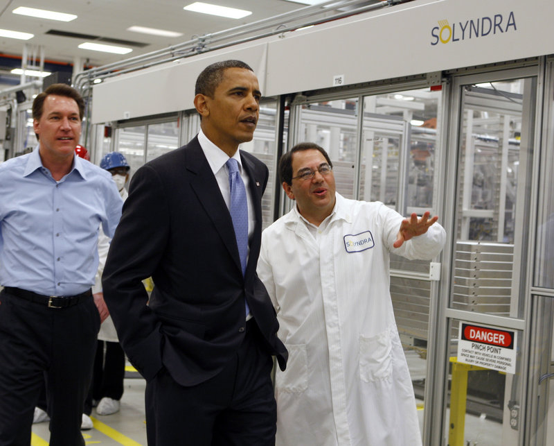 President Obama is given a tour of Solyndra in May 2010 by Executive Vice President Ben Bierman, right, and CEO Chris Gronet. Emails show a White House official dismissed reports about the solar company’s gloomy future.