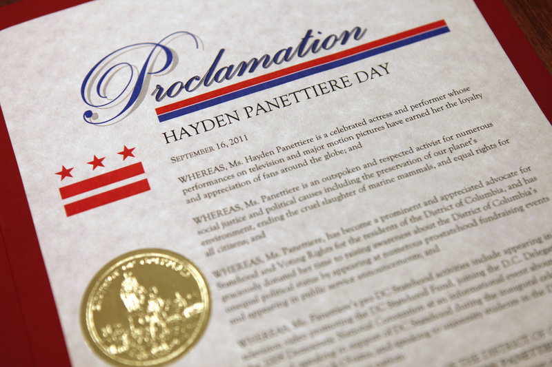 A proclamation names Sept. 16 as “Hayden Panettiere Day” after the actress was honored Friday by the District of Columbia for her advocacy of Washington, D.C., statehood.