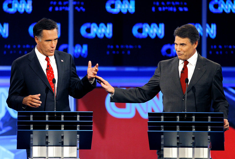Republican presidential candidate Mitt Romney, left, represents the GOP’s upper-crust establishment, observers say, while rival Rick Perry, right, personifies the grassroots that are energizing the Republican Party.