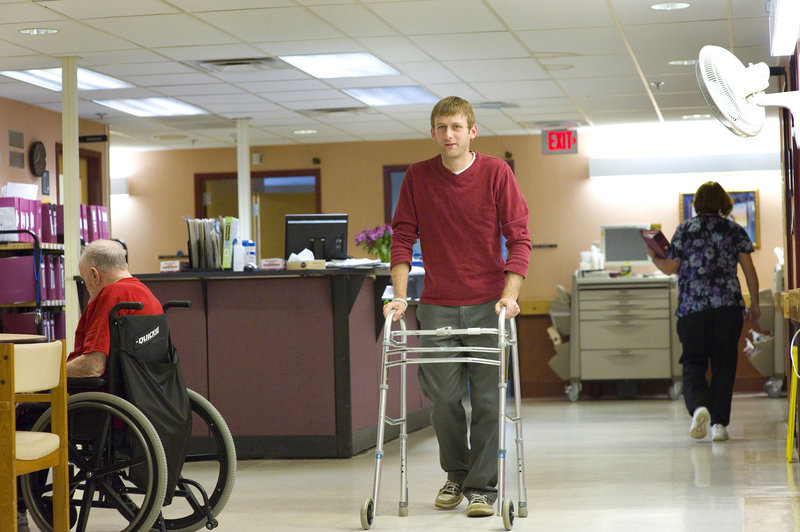 Evan Carroll uses a walker to better understand the needs of residents at the Maine Veterans’ Home in Scarborough. In March, he and his wife, Sasha Salzberg, started Bild Architecture to focus on housing for senior citizens. “It’s something we could get excited about because it’s personal for us,” Carroll said.