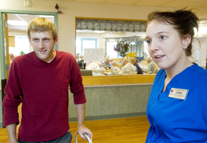 April Noyes, a CNA in the Alzheimer’s unit at the Maine Veterans’ Home in Scarborough, says that Evan Carroll was popular with residents during his nine-day stay, which ended Wednesday. He wants to incorporate what he learned into his work.