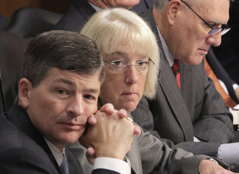 Joint Select Committee on Deficit Reduction Co-Chairs Rep. Jeb Hensarling, R-Texas, left, and Sen. Patty Murray, D-Wash., listen as Congressional Budget Office Director Douglas Elmendorf testifies before the committee on Tuesday. The committee is charged with cutting the budget if Congress as a whole fails to do so.