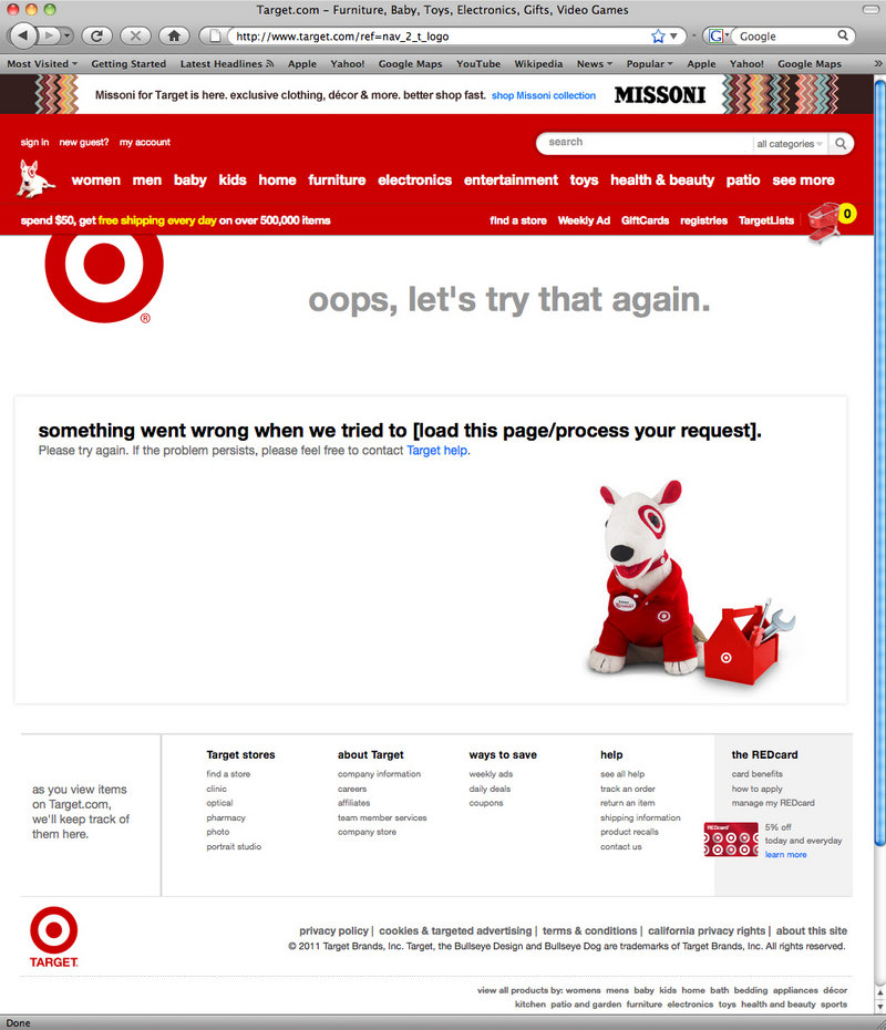 This screen shot shows the crashed Missoni page of the Target.com website.