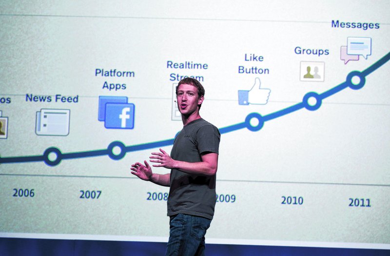 Facebook CEO Mark Zuckerberg talks about the history of the company during the f/8 conference in San Francisco on Thursday. “If you look at Facebook’s history, obviously they are not afraid of making change,” said analyst Sean Corcoran.