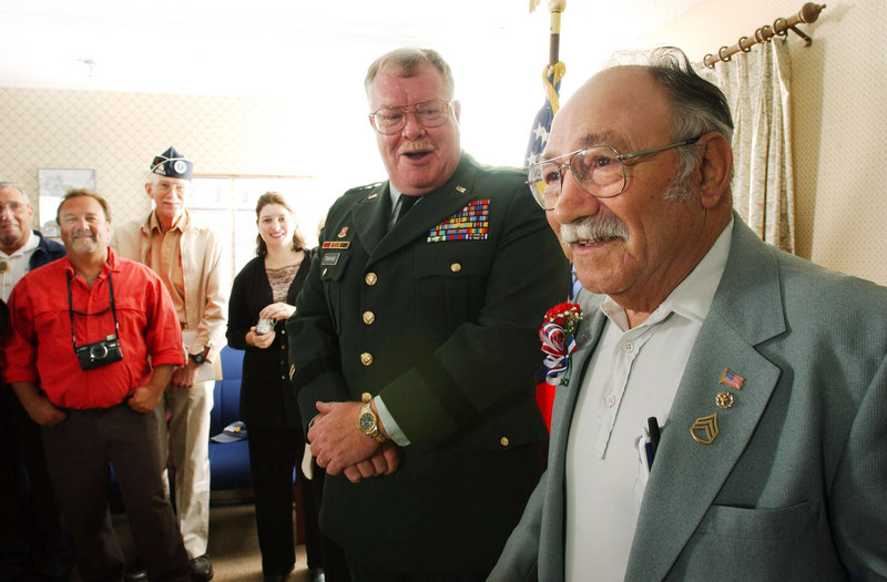 Rocco Gedaro, right, was formally promoted to sergeant in 2002, more than half a century after his infantry service in Europe during World War II. “It truly meant everything to him.” his daughter said.