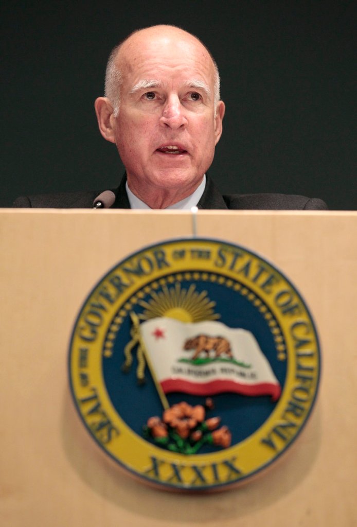 Gov. Jerry Brown, D-Calif., talks in San Francisco on Friday about a bill requiring Amazon and other Internet retailers to collect sales taxes starting in September 2012.