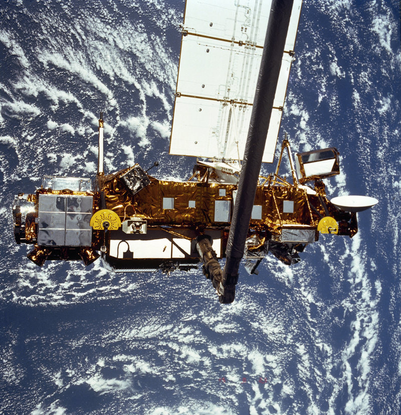A NASA research satellite is shown during deployment from a space shuttle in 1991. The satellite fell to Earth overnight Friday, likely landing in the Pacific Ocean.