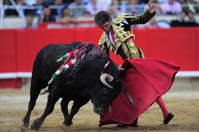 Bullfighter Jose Tomas performs at the Monumental bullring in Barcelona, Spain, on Sunday, as the region of Catalonia bid farewell to the country’s emblematic tradition.