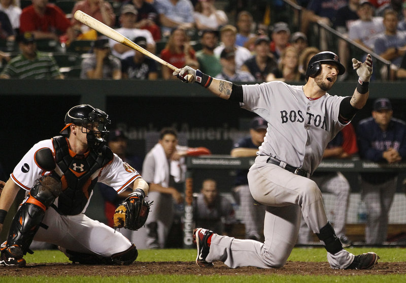 Red Sox catcher Jarrod Saltalamacchia reacts after striking out with the bases loaded in the eighth inning Monday night.