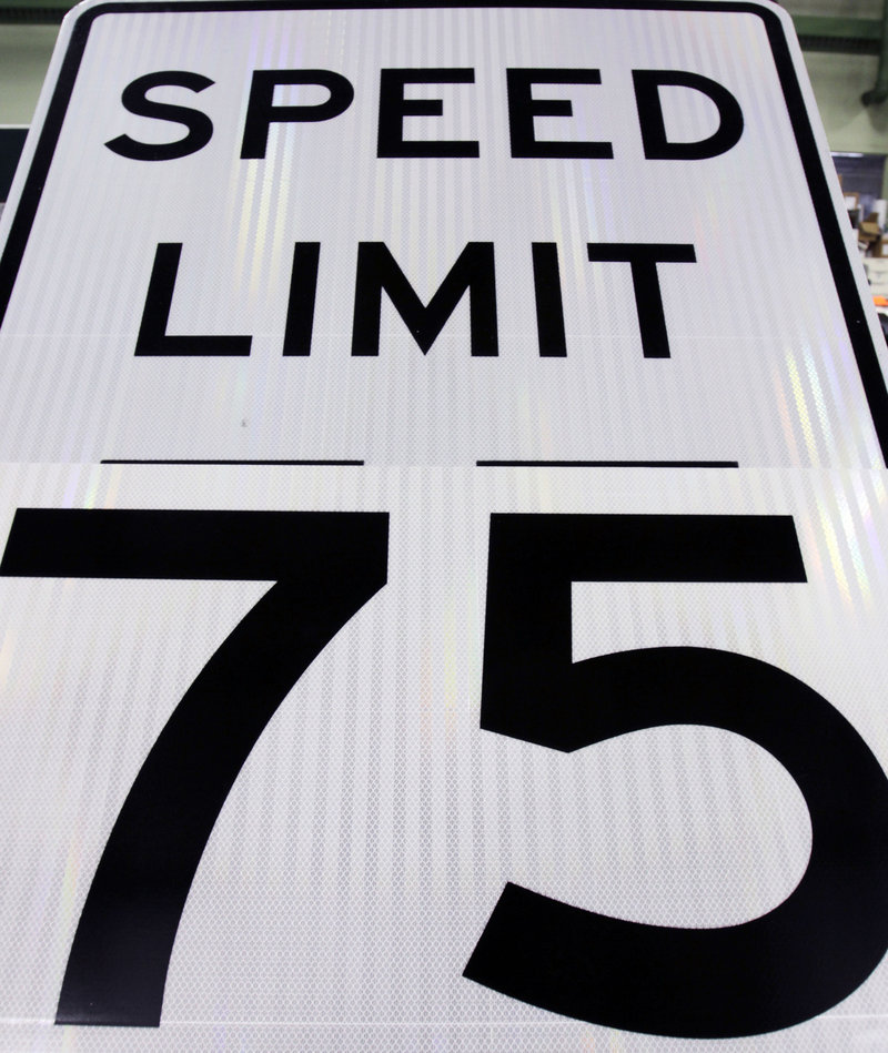 A new speed limit sign at the Maine Department of Transportation in Augusta is ready for posting next week on a section of Interstate 95 north of Bangor. Maine is about to become the only state east of the Mississippi River where drivers aren’t breaking the law by going 75.