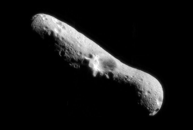 An asteroid like Eros would inflict major damage in a collision with Earth. The crater on the surface of Eros measures four miles across.