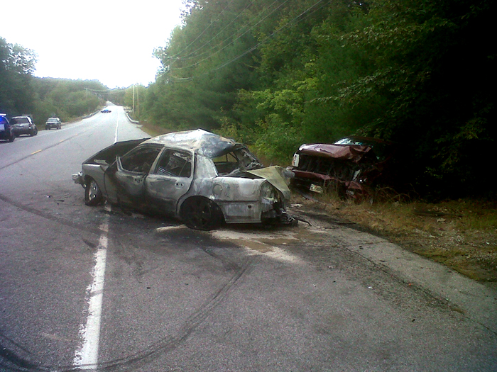 Crash scene on Route 302 in Raymond.