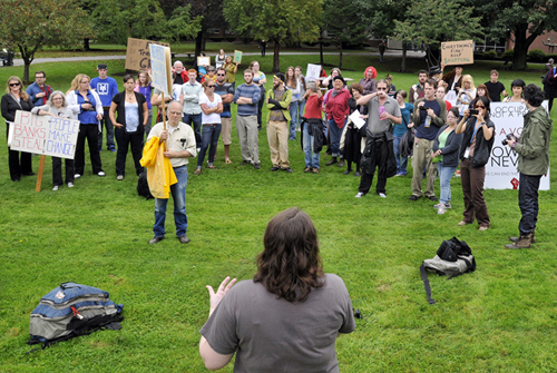 After marching from Monument Square, protesters gather at the University of Southern Maine in Portland to take turns voicing their concerns. The local protest showed solidarity with the weeks-long action on Wall Street.