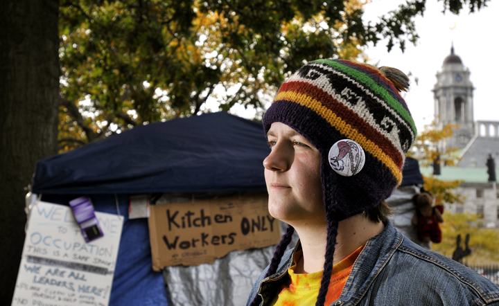 Stephanie Wilburn, 19, stands in the kitchen/communal area of the Occupy Maine camp. She was standing in the same areaaround 3:30 a.m. Sunday when a chemical bomb exploded underneath a table nearby. The bomb allegedly was thrown from a passing car. Wilburn said she lost hearing in one of her ears for about a day, but no other injuries were reported.