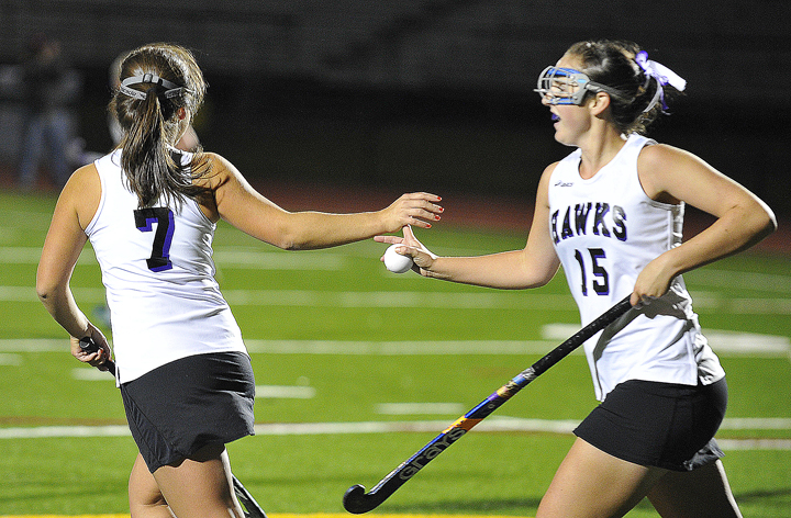 Marshwood’s Samantha Crosman, left, gets a touch from Natalia Bachelder after Crosman scored the third goal in a 4-1 Western Class A title win Tuesday at Hill Stadium in Saco. Bachelder tallied two first-half goals for Marshwood, which plays Saturday for the state championship.
