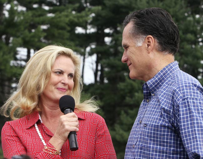 In this Sept. 5, 2011, file photo Ann Romney looks at her husband, Republican presidential candidate and former Massachusetts Gov. Mitt Romney, after introducing him to a crowd on Labor Day in Manchester, N.H. The Romneys have been married for 42 years.