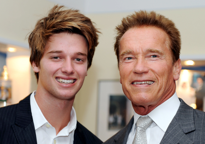 Austrian-born actor and former California governor Arnold Schwarzenegger and son Patrick Arnold pose for a photograph during the inauguration of a museum in Thal, Austria, today.