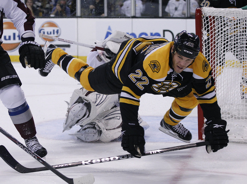 Shawn Thornton of the Bruins gets tripped up by Colorado goalie Semyon Varlamov in today's game at Boston. The Avalanche won, 1-0.