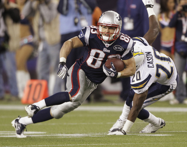 New England Patriots wide receiver Wes Welker breaks away from San Diego Chargers defensive back Antoine Cason during a game on Sept. 18, 2011.