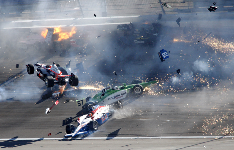Fifteen cars were involved in a crash during the IndyCar Series' auto race at Las Vegas Motor Speedway in Las Vegas today. Driver Dan Wheldon died from injuries sustained in the crash.