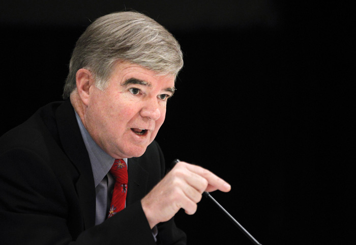 NCAA President Mark Emmert speaks about policy changes being considered by the NCAA during the Knight Commission on Intercollegiate Athletics meeting in Washington today.