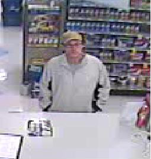 The robbery suspect is described as a white male in his 30’s that is about 5’8” to 5’10” and approximately 160 lbs. He was wearing a tan baseball cap, eye glasses, a light colored fleece jacket, jeans and white sneakers.