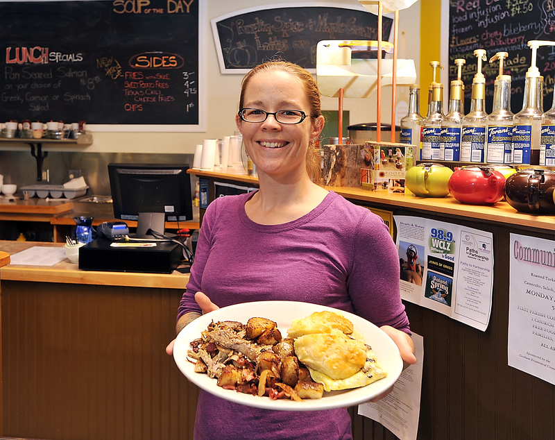 Kate Biche delivers a Goat Rock Breakfast Sandwich with a side of Braised Pork Hash. The sandwich includes egg, goat cheese, mushrooms and olives on a homemade buttermilk biscuit. The hash has braised pork, bacon, caramelized onions and fried potatoes. Below: Bennies, with a maple-cinnamon dipping sauce.