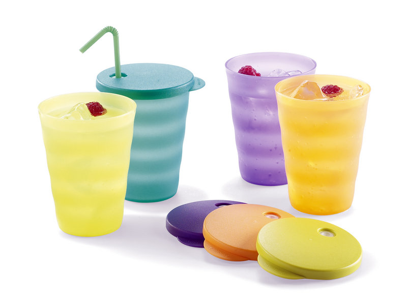 Tupperware Impressions Tumblers. The new Tupperware sports edgy shades of “purplicious” and “fuchsia kiss,” or crisp greens dubbed “margarita” and “lettuce leaf.”