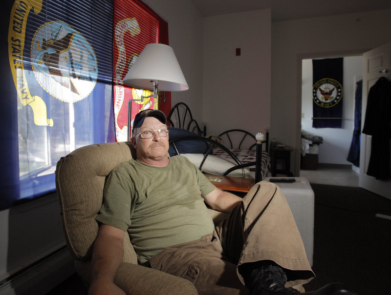 Mike Wells, the resident liaison at Huot House in Saco, lives in one of 10 efficiency apartments there. Being around other combat veterans aids the transition back into the community from being homeless, said Wells, who served in the Marines, the Navy and the National Guard.